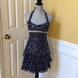 Juniors Navy Blue Silver Polka Dot Evening Dress